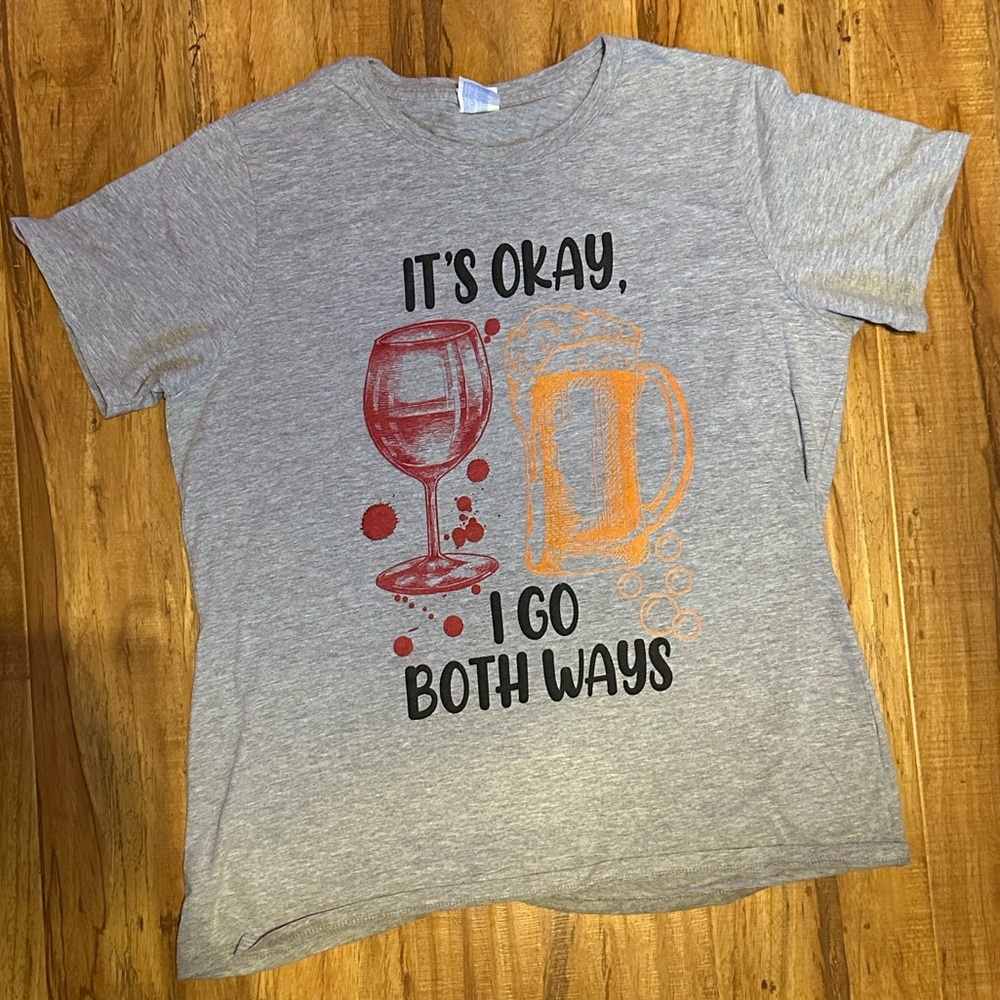 Port and Company Gray Tee with Wine and Beer Graphic
